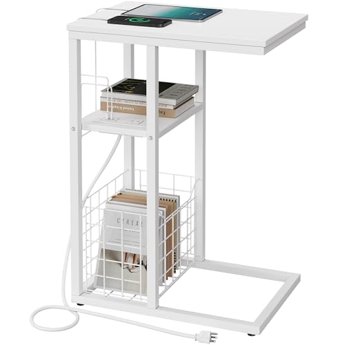 Vagusicc C Shaped End Table with Charging Station, Side Table for Couch, Small Side End Table for Small Spaces, 28" High Slide Under Sofa Table for Coffee, Tv Tray Table for Living Room, White - color: White