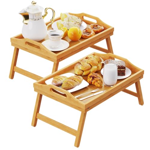 2 Pack Breakfast in Bed Tray for Eating, 16.92 x 12.6 Inch Bed Table Tray with Folding Legs & Handles, Bamboo Food Lap Trays Fits for Adult Kids Eating/TV/Surgery Recovery by Easoger. Set of 2 - color: 2-bamboo 2 Pack