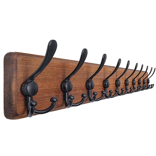 Dseap Coat Rack Wall - Heavy-Duty 38-1/4" Long, with Reinforced 10 Custom Tri-Hooks, Solid Wood Wall Hanger for Coats Hat Jackets - Rustic Farmhouse Entryway Hallway Storage, Natural & Black - color: Natural & Black, size: L=38.3"