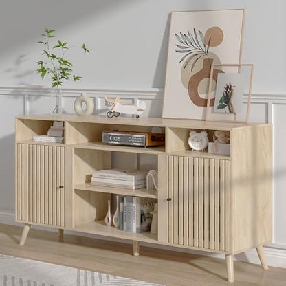 Oubayajia Mid Century Modern TV Stand, Fluted TV Stand for 65 Inch TV, Entertainment Center with Adjustable Shelf, Media Console, Wood Feet, Cord Holes, for Living Room (Wood, 58.26'')