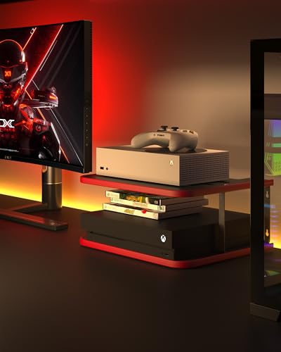 Floating Under TV Game Double Shelf Stand for Xbox Shelf wall Mount for one S/X Series S, Projector Shelf/Router Shelf/Entertainment Center, Projector Holder Accessories, Black Red