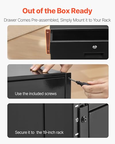 VEVOR 4U Rack Drawer, Lockable Server Cabinet Case, 13.8'' Depth Server Rack Mount Drawer, for 19'' Network Equipment/DJ/AV Rack or Cabinet Enclosure, 50 lbs Max Load, with Cable Management Holes - size: 4U