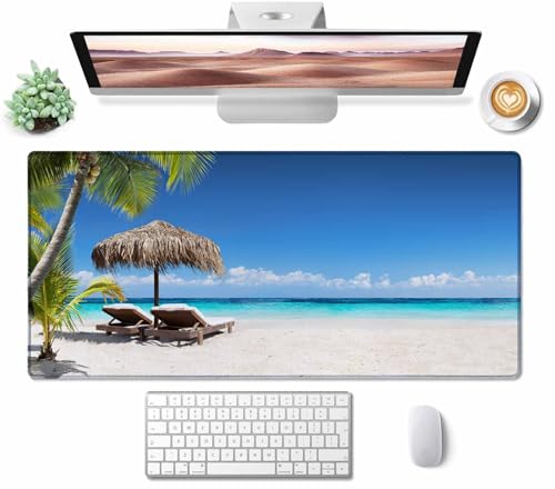 Gaming Mouse Pad, XXL Extended Computer Keyboard Long Mouse Mat, Large Desk Pad for Office Laptop, Non-Slip Rubber Base with Stitched Edge Mousepad, 31.5X15.7 inch Tropical Palm Sea and Beach - color: Tropical Palm Sea and Beach, size: 31.5L x 15.7W inche