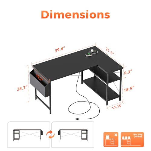 Mericonia Small L Shaped Computer Desk with Power Outlets, Reversible Gaming Desk with Storage Shelves, Corner Gamer Desk Table, Study Writing Table - color: Black, size: 39.4 inch