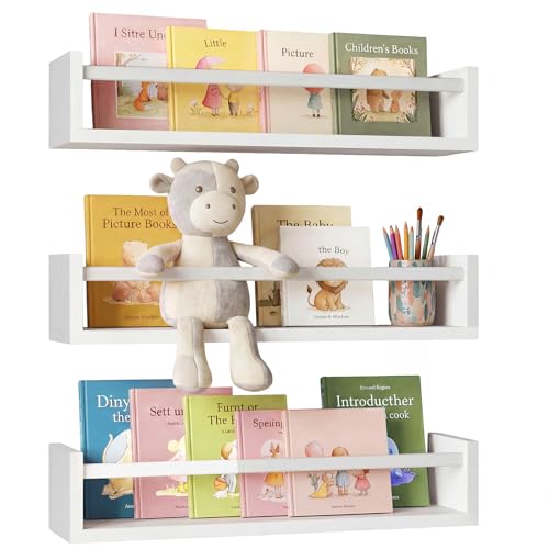 Fixwal Floating Bookshelves for Wall, 16.5 Inch Wood Nursery Book Shelves Set of 3, Baby Kids Decor, Solid Wood Wall Mounted Shelves for Books, Toys and Decor Storage (White) - color: White, size: 16.5inches