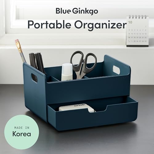 BLUE GINKGO Portable Desk Organizer – Compact 3 Compartment, Half-drawer Storage – Pen Holder, Stationery Desktop Organizer for Office, Makeup, Crafts (Made in Korea, Blue) - color: BLUE, size: Portable