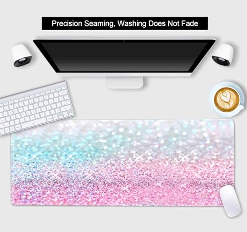 Gradient Glitter Large Mouse Pad, Pink Blue Sparkle Desk Pad, Pastel Cute Writing Desk Mat, Non-Slip Rubber Long Mousepad for Laptop Computer Gamer Home&Office, 31.5x11.8 in - color: Gradient Glitter