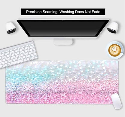 Gradient Glitter Large Mouse Pad, Pink Blue Sparkle Desk Pad, Pastel Cute Writing Desk Mat, Non-Slip Rubber Long Mousepad for Laptop Computer Gamer Home&Office, 31.5x11.8 in - color: Gradient Glitter