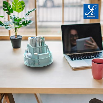 YINGHUA Metal Mesh Desk Organizer with 5 Compartments and Rotating Pencil Holder Pen and Stationery Organizer for Office Home School Anti Slip Base Blue - color: Blue