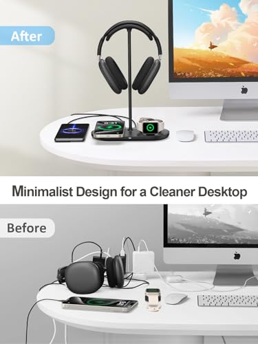 Airpod Max Charger Stand with 15W Wireless Charger, 4 in 1 Headphone Stand | Headset Holder for AirPods Max 2/Pro/iWatch/Vision Pro, Charging for iPhone 17/16/15/14/13/12/11/X, Aluminum Alloy Rod, Black - color: Dark Black
