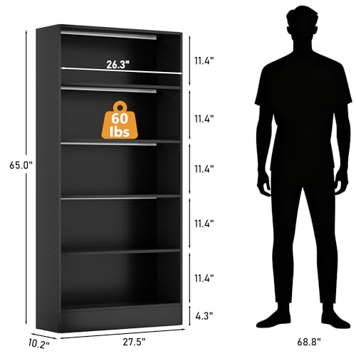 CODACE Tall Wooden Black Bookshelf - Book Shelf with LED Lights, Lighted Display Shelf with 5-Tier Shelves, Large Display Bookshelves for Collectibles, Modern Bookcase for Living Room, Bedroom, Office - size: 5 Tiers - 10.2"D x 27.5"W x 65"H