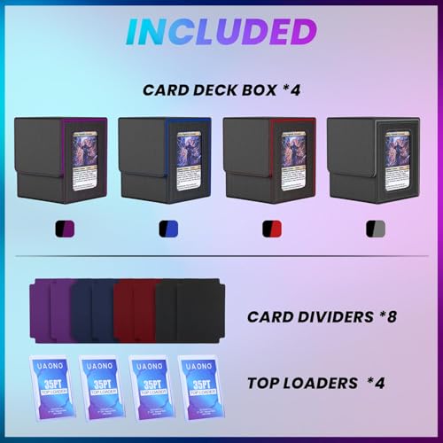 UAONO 4 Pack MTG Commander Deck Box, Independent Commander Display, Fits 400 Double-Sleeved Cards, Magnetic Deck Case for Magic the Gathering TCG, 8 Dividers & 4 Top Loaders (4 Color) - color: 4 Pack - 4 Colors