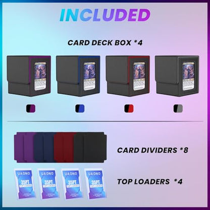 UAONO 4 Pack MTG Commander Deck Box, Independent Commander Display, Fits 400 Double-Sleeved Cards, Magnetic Deck Case for Magic the Gathering TCG, 8 Dividers & 4 Top Loaders (4 Color) - color: 4 Pack - 4 Colors