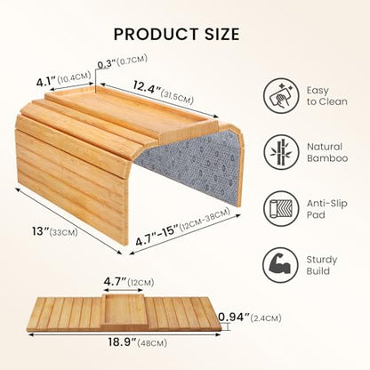 2 Pack Sofa Arm Tray,Bamboo Folding Couch Arm Tray,Sofa Armrest Tray with Anti-Slip Pad for Drinks,Snacks,Phone,Remote Control（Natural） - color: Natural