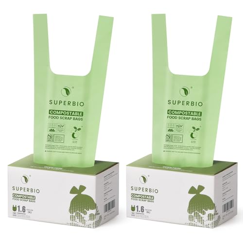 SUPERBIO 1.6 Gallon Handle Tie Compostable Food Scrap Bags, Small Compost Bags with Handles, 50 Count, 2 Pack, BPI & OK compost INDUSTRIAL - color: 1.6 Gallon Handle Tie, 100 Count (2 Pack)