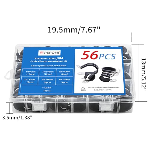 Cable Clamps Assortment Kit, 56PCS, 7 Sizes (1/4"-1") | 304 Stainless Steel, Rubber Cushioned Insulated, P Clamps, Pipe & Wire Loom Clips - size: 7 Sizes(6mm-25.4mm) 56pcs