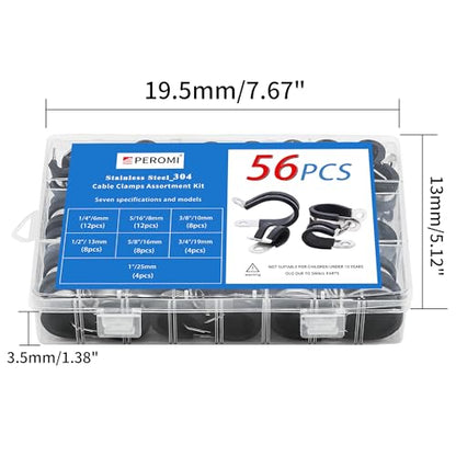 Cable Clamps Assortment Kit, 56PCS, 7 Sizes (1/4"-1") | 304 Stainless Steel, Rubber Cushioned Insulated, P Clamps, Pipe & Wire Loom Clips - size: 7 Sizes(6mm-25.4mm) 56pcs