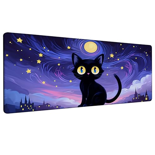 Black Cat Under Purple Starry Night Gaming Mouse Pad Large Desk Mat Extended Keyboard Anime Mousepad with Non-Slip Base and Stitched Edge for Desk Home Office Gaming,31.5 x 11.8 Inch - color: Black Cat under Purple Starry Night, size: 11.8*31.5inch