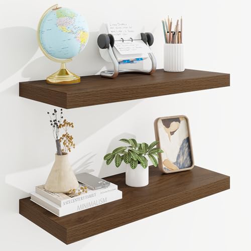 24in Floating Shelves for Wall, 24"W x 9.25"D x 1.25"H, 2 Pack Long Wall Mounted Engineered Wood Shelves with Invisible Brackets for Living Room, Bedroom, Bathroom, Kitchen Decor and Storage, Walnut - color: Dark Walnut With Invisible Metal Brackets, size