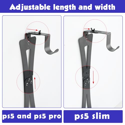 ZHSX Wall Mount for Ps5 Models,Ps5 Shelf Playstation Wall Mount Compatible with Ps5、Ps5 Pro and Ps5 Slim Disc Adjustable Length and Width Holds Two Controllers