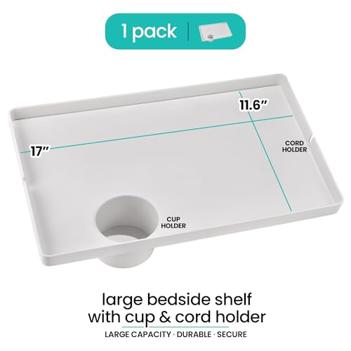 Modern Innovations Large White Bedside Shelf for Bed, 1 Count Clip On Nightstand with Cup Holder and Cord Holder, College Dorm Bunk Bed Shelf for Top Bunk or Kids Bedroom - color: White, size: X-Large