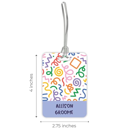 Personalized Geometric Luggage Tag / 2.75" x 4" Custom Abstract Bag Tag/Double Sided Durable Plastic Luggage Tag with Plastic Strap/Made in The USA - style: Squiggly