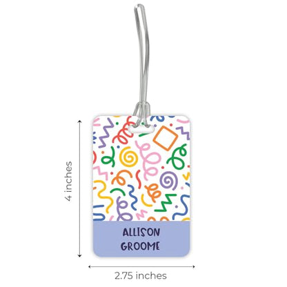 Personalized Geometric Luggage Tag / 2.75" x 4" Custom Abstract Bag Tag/Double Sided Durable Plastic Luggage Tag with Plastic Strap/Made in The USA - style: Squiggly