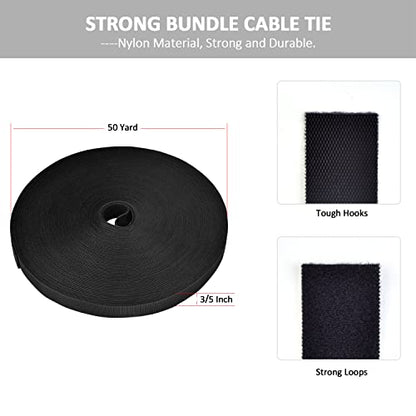 300 Ft x 3/5 in, Cut to Any Length, Cable Ties, Wire Ties, Cord Straps Management, Easy to Use, Nylon, Double Sided Hook Loop, Self-Fastening, Reusable, Sturdy, for Office, Home, Black