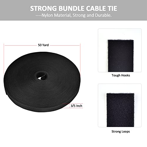300 Ft x 3/5 in, Cut to Any Length, Cable Ties, Wire Ties, Cord Straps Management, Easy to Use, Nylon, Double Sided Hook Loop, Self-Fastening, Reusable, Sturdy, for Office, Home, Black