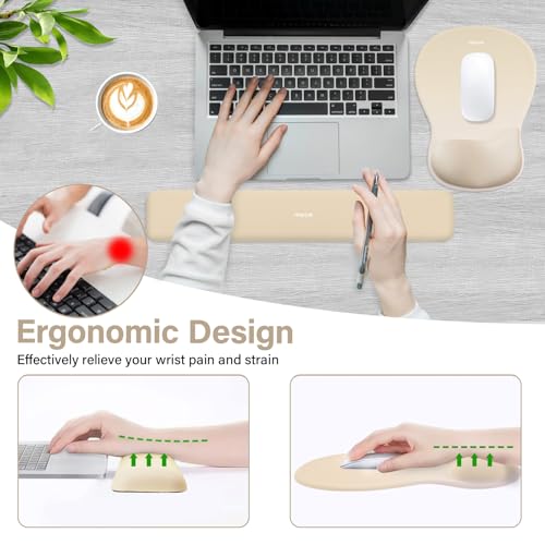 MOSISO Wrist Rest Support for Mouse Pad&Keyboard Set, Ergonomic Mousepad with Concave Curved Memory Foam, Non-Slip Base Pain Relief Comfortable Rectangular Easy Typing Pad for Home/Office, Khaki - color: Khaki