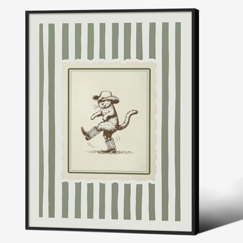 Funny Western Cowboy Cat Wall Art Whimsical Cute Animal Poster Vintage Sage Green Striped Canvas Prints 12x16 inch Black Framed for Living Room Bedroom Nursery Wall Decor - color: green-4, size: 16"L x 12"W, style: Framed