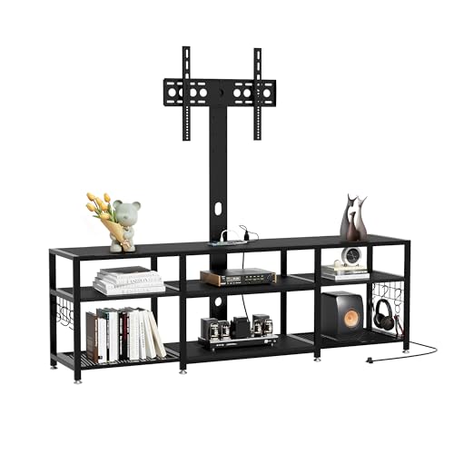 VECELO TV Stand with Mount and Power Outlet, Height Adjustable Entertainment Center with Storage Shelves for 32/55/65/70/75 inches Televisions, Console Table for Living Room, Bedroom, Matte Black - color: Matte Black, size: 63 Inch