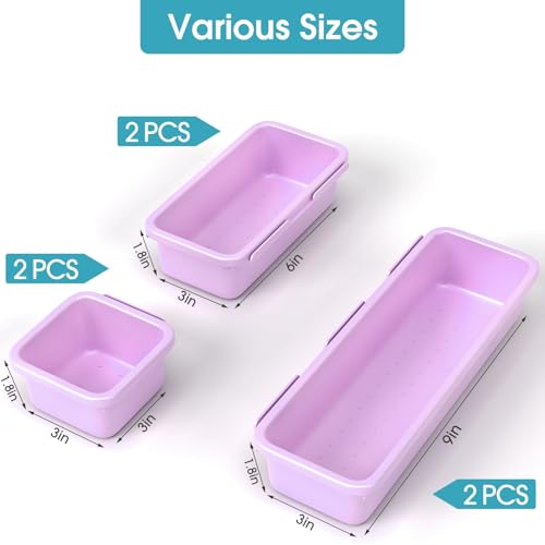 6 PCS Drawer Organizer Set, 3 Size Makeup Drawer Divider Organizer With Non-Slip Pads, Interlocking Plastic Storage Bins for Office,Jewelry Vanity,Gadgets, Bathroom,Kitchen, Purple - color: Purple, size: 6Pack