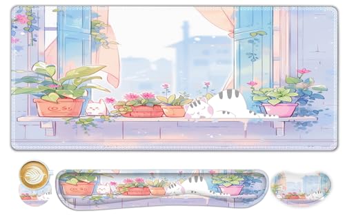 ToLuLu Extended Gaming Mouse Pad, Memory Foam Ergonomic Keyboard Mouse Wrist Rest Support Set, Large Desk Mat with Stitched Edges, Non-Slip Base Mousepad for Home Office and Game, Purple Cute Cat - color: Purple Cute Cat