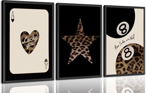 3Pcs Trendy Leopard Poster Wall Art Preppy Style Poker Spade Ace Lucky 8 Painting Picture Wall Decor Funky Chic Luxury Y2K Fashion Canvas Aesthetic Print Artwork for Girls Bedroom Dormitory Girls Room - color: Leopard Print Poster, size: 24"L x 16"W