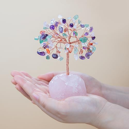 ZenBless 7 Chakra Healing Crystals Stones Tree of Life, Feng Shui Money Tree,Little Fake Bonsai Zen Spiritual Home Living Room Cubicle Office Desk Decor and Accessories for Women(Mix) - color: 7chakra_stone Pedestal