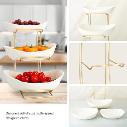 3 Tier White Gold Fruit Bowl and Tray with Metal Stand, Triple Layer Fruit Basket for Snacks, Nuts, Bread, Candy Storage - color: B white triple layer
