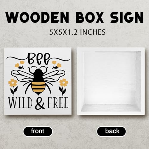 Summer Bee Sign Decor Bee Decorations for Home Be Wild And Free Wooden Box Sign Desk Accessories Home Office Bedroom Bathroom Decor 5 X 5 Inch - color: Bee