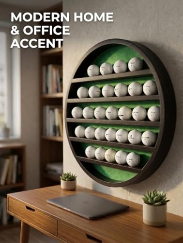 Golf Ball Display Case for 32 Balls – Modern Golf Decor ft. 18” Moon Shelf Design, Solid Wood, Wall Mounted, Dark Brown Finish – Golf Ball Holder & Display Cases for Collectibles