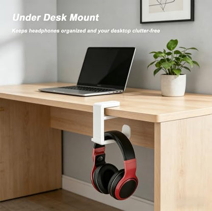 Universal Headphone Stand & Headset Holder - 360° Swivel Under Desk Headphone Hook with Cable Management Clip (White) - color: White
