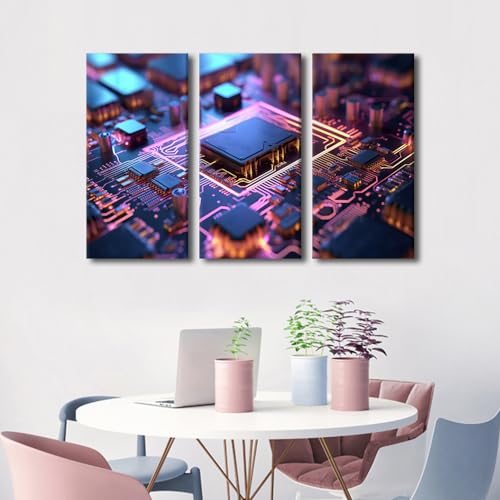 Rebotipy 3 Pieces Smart Chip Poster Living Room Wall Art Motherboard Digital Chip Canvas Art Wall Decor Database Concept Wall Decor for Bedroom Giclee Gallery-Wrapped Posters and Prints (36" Wx24 H) - color: Artwork-02, size: 36"Wx24"H
