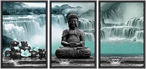 NWT Framed Canvas Print Wall Art Set Zen Buddha Buddhism Waterfall Flower Landscape Nature Wilderness Digital Art Modern Rustic Scenic Multicolor for Living Room, Bedroom, Office - 16"x24"x3 Black - color: A02-2206-m21, size: 16" x 24" x 3 Panels BLACK