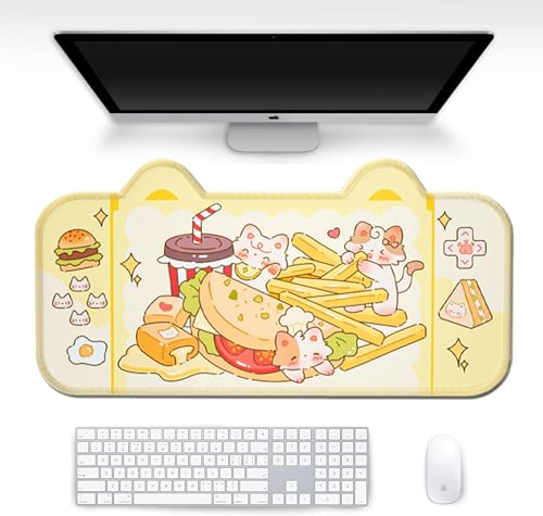 PERFECTSIGHT Cute Cat Desk Mat Kawaii Fast Food Desk Pad, Switch Large Gaming Mouse Pad, Cartoon Deskmat Mousepad, Anime Blotter Protector Laptop Keyboard Pad for Women Girls, Kitty - color: Yellow