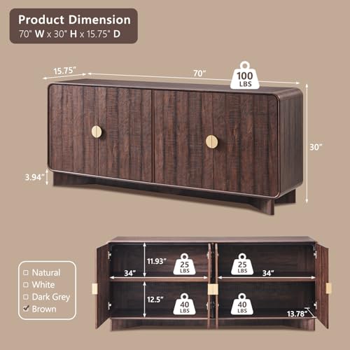 IFGET 70" Modern TV Stand for TVs Up to 80 inches, 30" Tall Entertainment Center with Storage and Adjustable Shelves, TV Console with Curved Profile Design, Media Console for Living Room, Brown - color: Brown, size: 70 "TV Stand