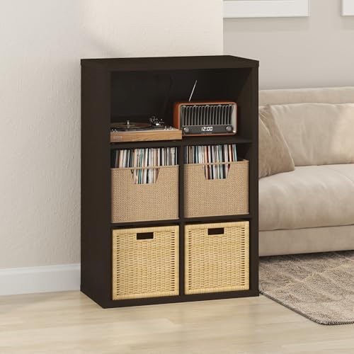 Furinno Cubicle Record Player Stand with Vinyl Storage, 5-Cube 1.2 Extra Thick Vinyl Record Storage, Open Back Media Shelf for CD DVD Blueray Game Disc, for Living Room, Home Office, Black Dark Oak - color: Black Dark Oak, size: Extra Thick, 5-Cube Standa