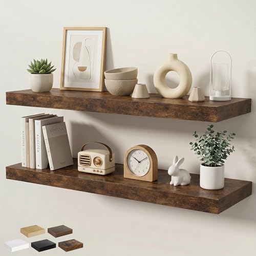 Floating Shelves for Wall 40 in x 9.3 in Deep, Wall Mounted Rustic Wood Shelf with Invisible Brackets for Storage & Display, Living Room Bedroom Bathroom, Brown, 2 Pack - color: Rustic Brown, size: 40 Inch, 2 pack