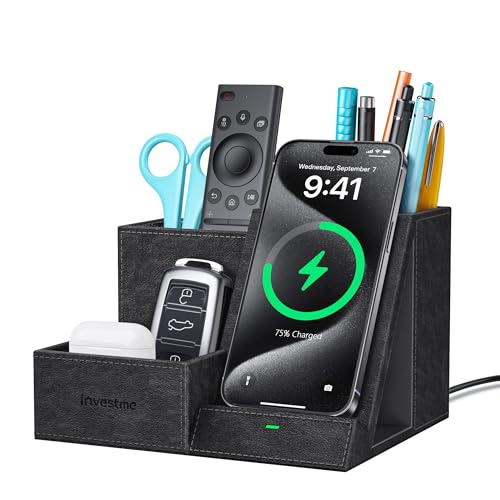 Wireless Charger with Desk Organizer, Pen Pencil Holder, Multifunctional Desktop Organizer, Office Supplies and Desk Accessories Organizer with 3 Compartments and 1 Phone Stand, PU Black - color: PU Black