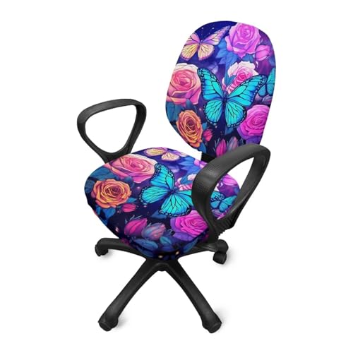 Butterfly Flower Office Chair Covers 2 Piece Stretchable Office Chair Seat Cover Soft Fit Universal Desk Rotating Chair,Computer Chair Washable Chair Cover Decorative for Women Men - color: Butterfly Flower