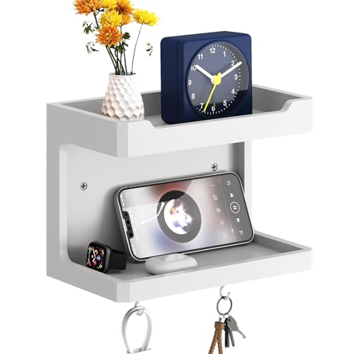 NiHome Large Wall Mounted Wooden Bedside Organizer, Double Storage Shelves & Magnetic Hooks, Solid Wood Bedside Shelf for Phone Glasses Remote Keys, Space-Saving Wall Rack for Bedroom RV Dorm (White) - color: White, size: Large