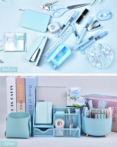 LXEVIHK 20Pcs Blue Desk Organizers and Accessories With Mesh Desk Organizer and 360°Rotating Pen Holder and a Lot of Office Blue Office Supplies Beautifully Presented in a Gift Box - color: blue